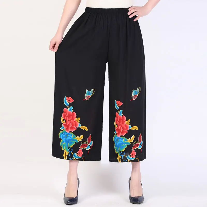 

Женские летние модные брюки с принтом для женщин среднего возраста, новинка 2021, повседневные брюки с высокой талией, женские свободные брюк...