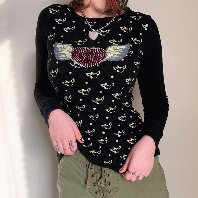 

Women Autumn Slim-fit T-Shirt Adults Rhinestone Love Pattern Long Sleeve Round Neck Pullover