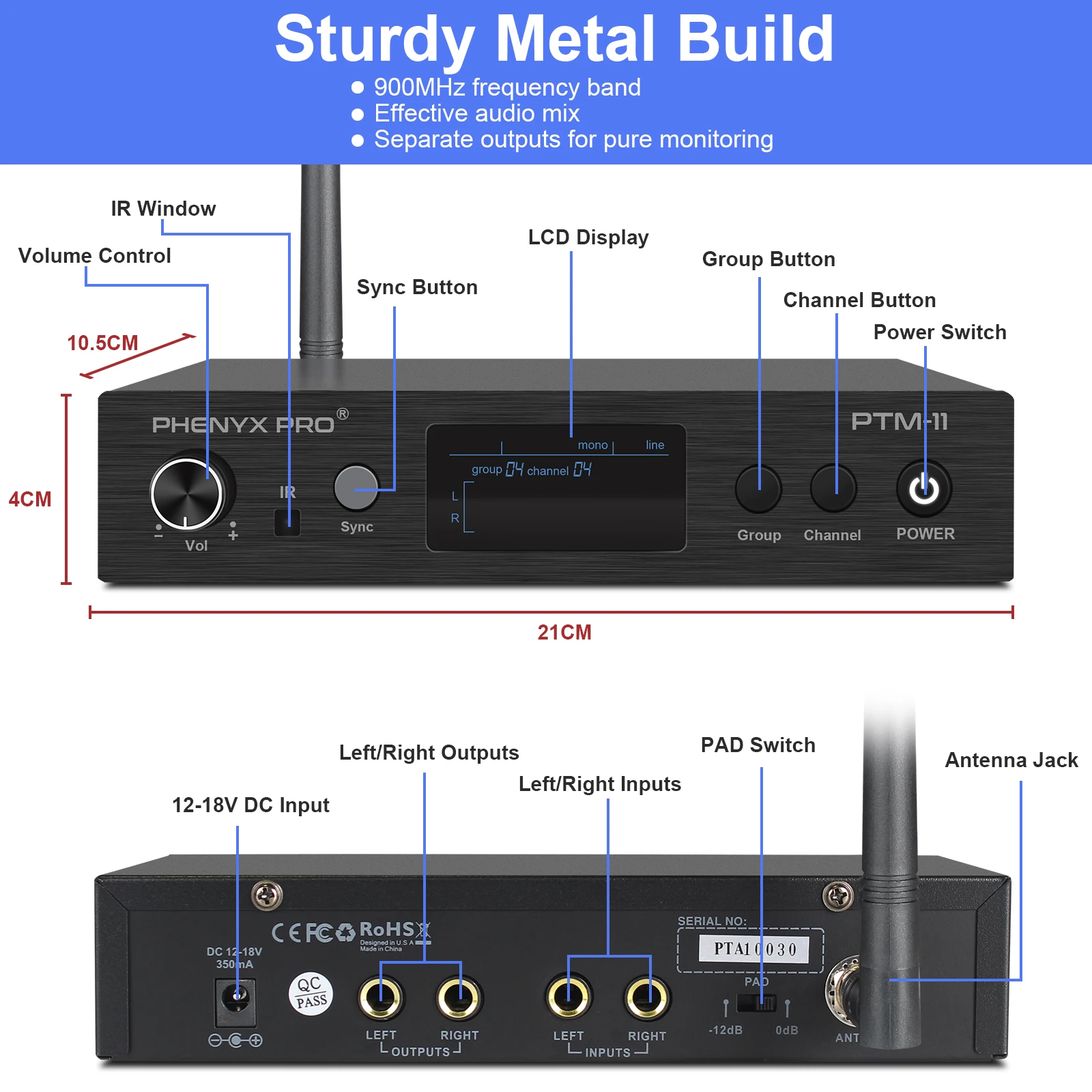 Phenyx Pro PTM-22 UHF Mono Dual Wireless in Ear Monitor System с набором для крепления в стойке (900 МГц)