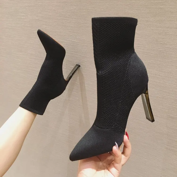 Super High Heel Party Boots Women Winter Shoes Knitted Stretch Fabric Ankle Sexy 2019 Pointed Toe Short Ladies | Обувь