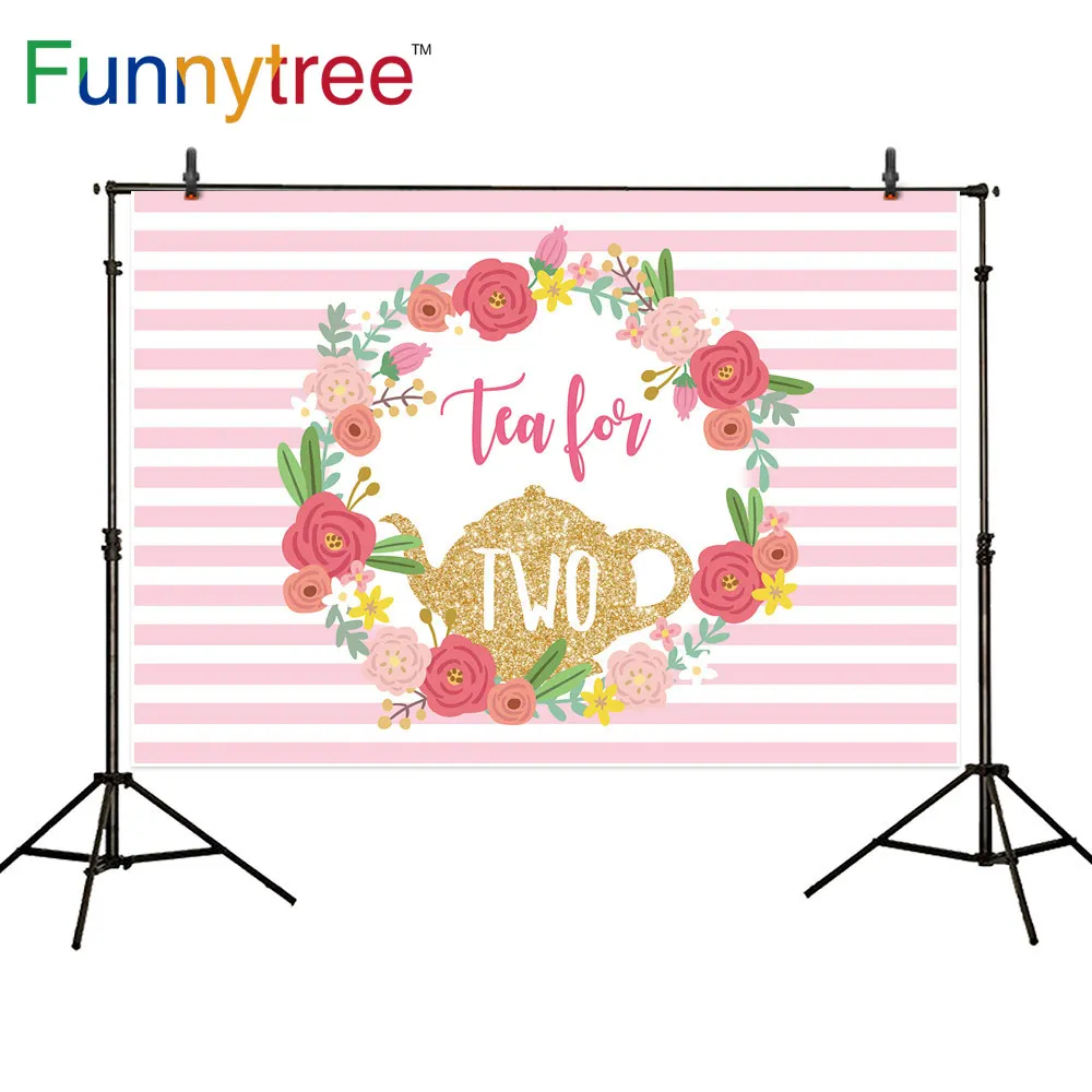 

Funnytree Tea for Two Birthday Party Backdrop Girl Baby Pink Stripe Flower Wreath Glitter Photography Background Photo Studio