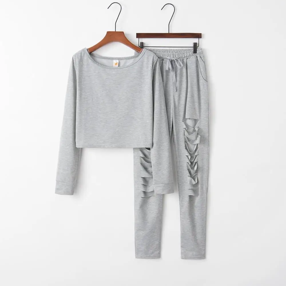 

Casual Women's Sets Autumn 2020 Long Sleeve 2 Two Pieces Set O Neck Tops Hole Pants Women Tracksuit Loose Slim Female Set S-XL
