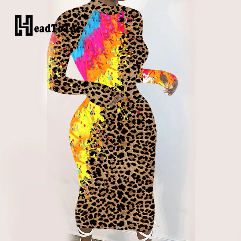 

Graffiti Leopard Print Party Long Dress Women Full Sleeve O-neck A-line Mid-calf Long Dress