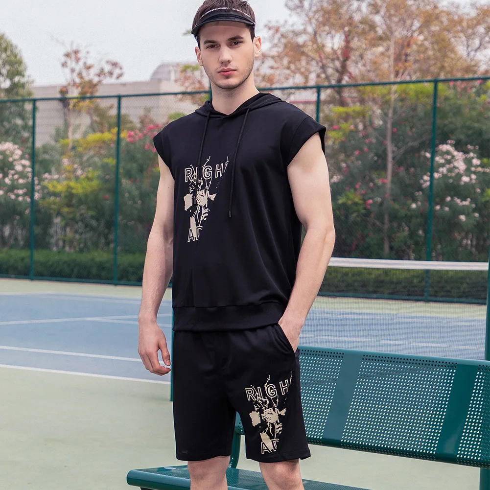 

Men's Track Suit Printed Hooded Sleeveless Tops Drawstring Waist Jogger Sets Sweatsuit 2 Pieces Set