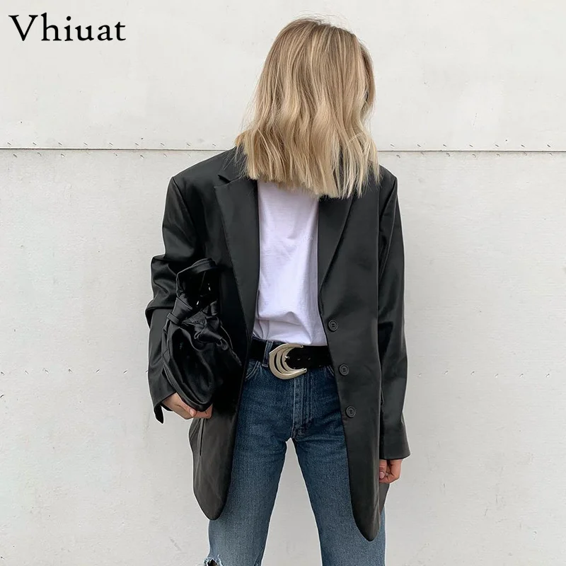 

Женская винтажная куртка Vhiuat, Черная байкерская куртка из искусственной кожи с отложным воротником и поясом, Повседневная Верхняя одежда на осень-зиму 2021