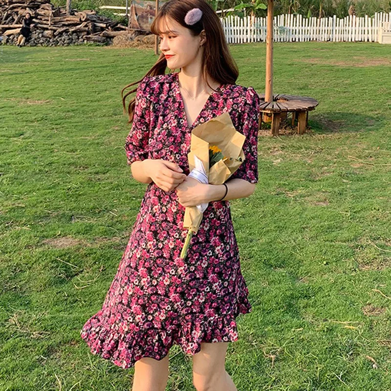 

Пляжное платье для девочек, Vestidos, сексуальные платья с v-образным вырезом Цветочный принт Boho женская обувь до колен с короткими рукавами Дли...