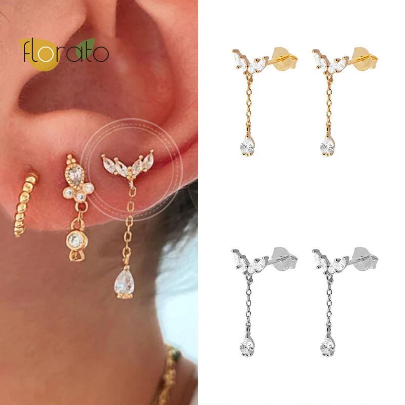 

Fashion Crystal Long Chain Stud Earrings 925 Sterling Silver CZ Tassel Double Round Circle Earrings For Women Korean Jewelry