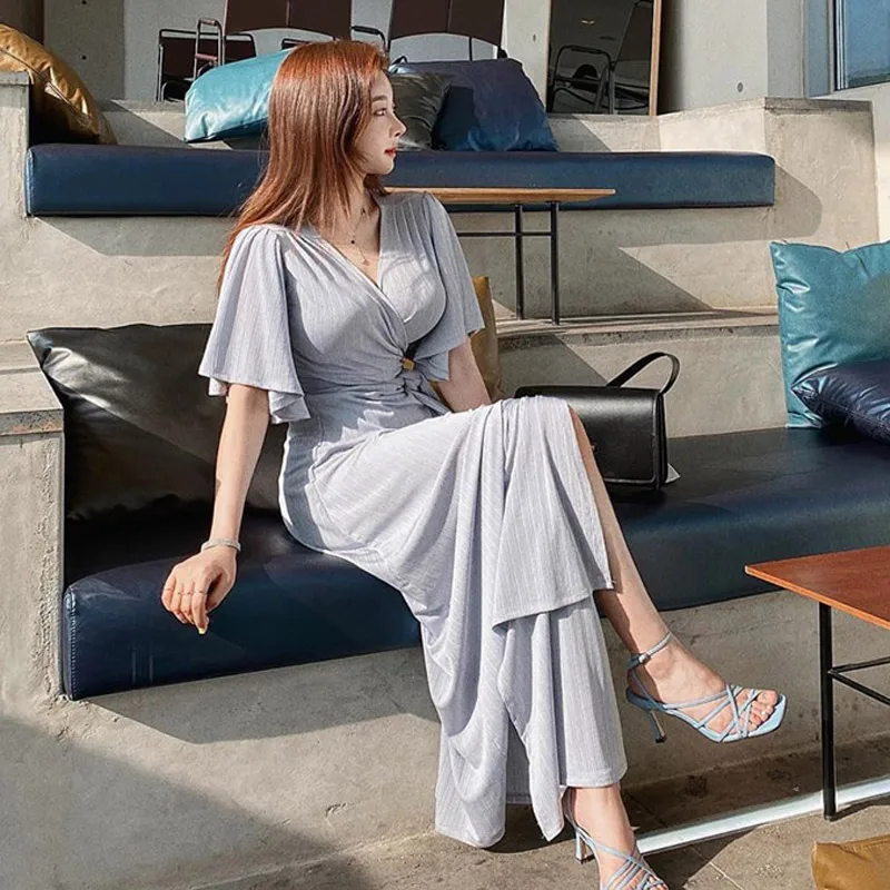 Женское летнее пляжное макси Повседневное платье с v-образным вырезом и разрезом