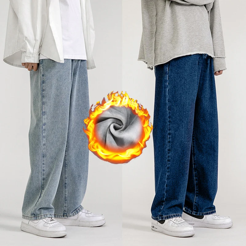 

Men Jeans flannel warm Casual male jeans Pants Cowboy Man Streetwear Korean Hip Hop Loose Straight denim Trousers Winter jeans