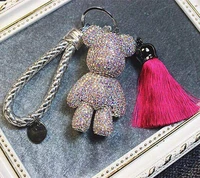 2021 leather strap tassel bear keychain crystal bear key ring car key holder bag charms keychains