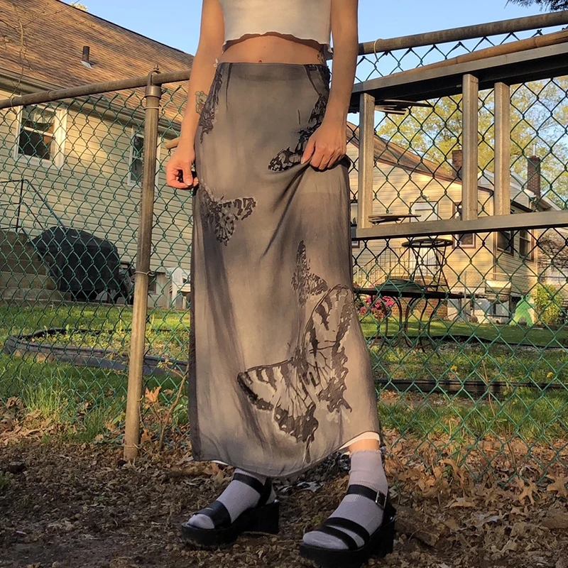 

Fairy Butterfly Vintage Black Midi Skirts Y2K Grunge Kawaii Long Straigt Skirts Women E-girl Harajuku Goth Female Clothes