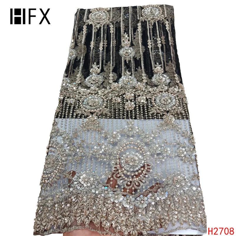 HFX Тяжелая вышитая бисером кружевная ткань ручной работы 3d цветок Роскошная французская сетка кружева Свадебная кружевная ткань dentelle tissu 5 ярдов/лот H2708