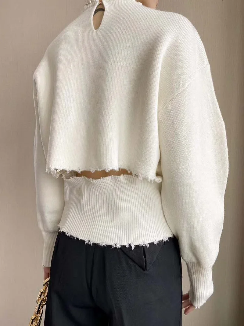 

Sweater Hollow Out 2021 Autumn Winter Pullovers Women Hand Made Beading Sexy Backless Long Sleeve Casual Black White Sweaters