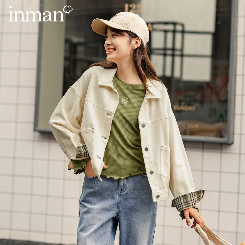 

INMAN Autumn Winter Women College Korean Fashion Short Coat Girl Dropped Shoulder Plaid Outerwear Lady Loose Slim Cotton Jacket