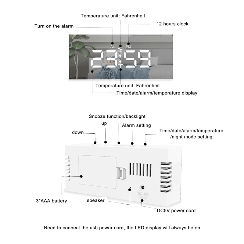 

Digital Alarm Clock Mirror LED Night Lights Thermometer Wall Clock Lamp Square Rectangle Multi-function Desk Clocks USB/AAA