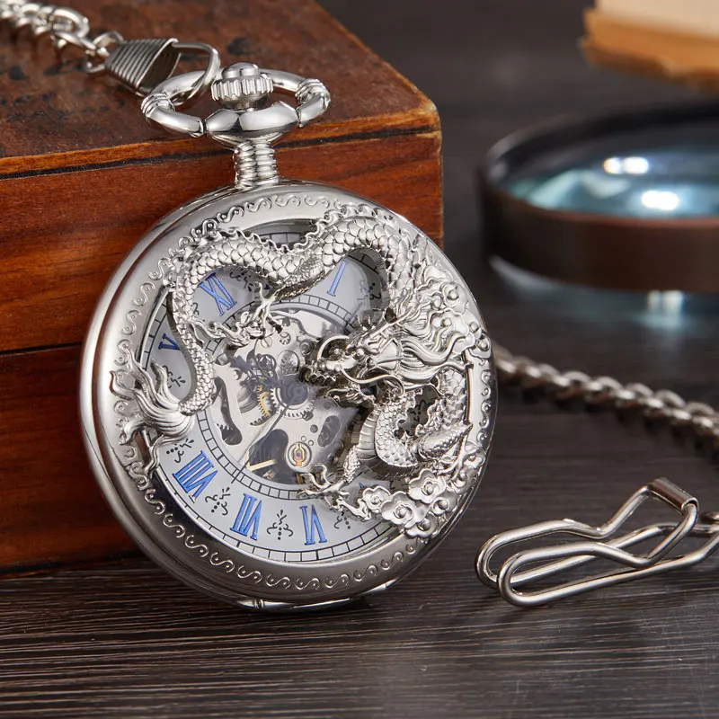 Luxury Sliver Steampunk Skeleton Chinese Flying Dragon Mechanical Pocket Watch Chain Pendant Mechanical Hand Wind Men Fob Watch