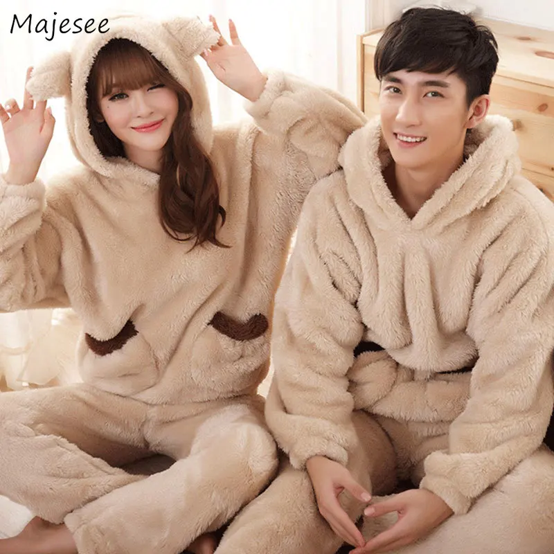 

Men Pajama Sets Couple Coral Fleece Winter Warm Flannel Hooded Patchwork Pockets Home Clothes Soft Comfortable Casual Loungewear