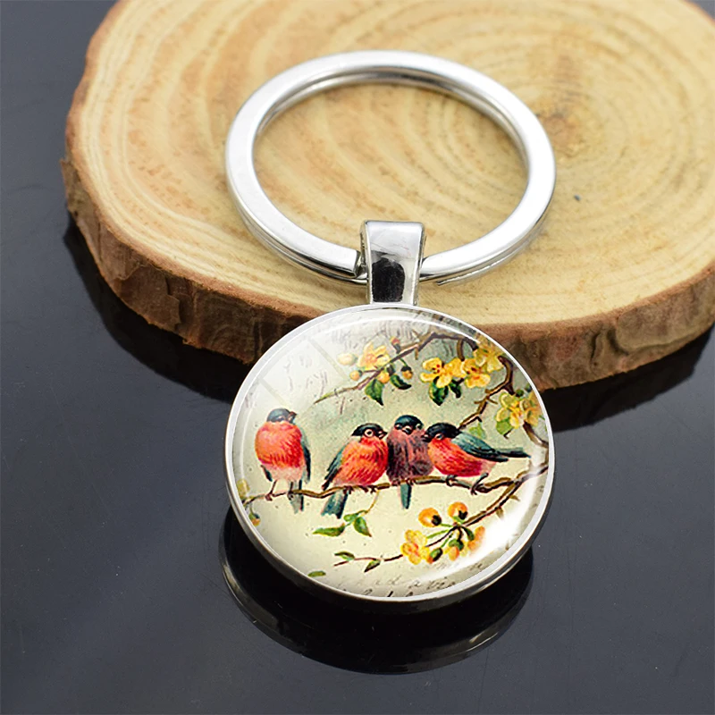 Двойной стеклянный подвесной брелок для ключей с изображением кардинала