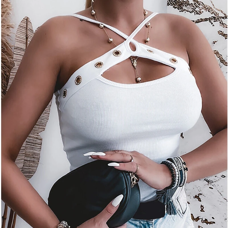 

Mandylandy White Hollow-out Sling Top Sexy Slim Solid Color Clubwear Tshirt Tees Sleeveless Halter Summer Beach Style Tshirt