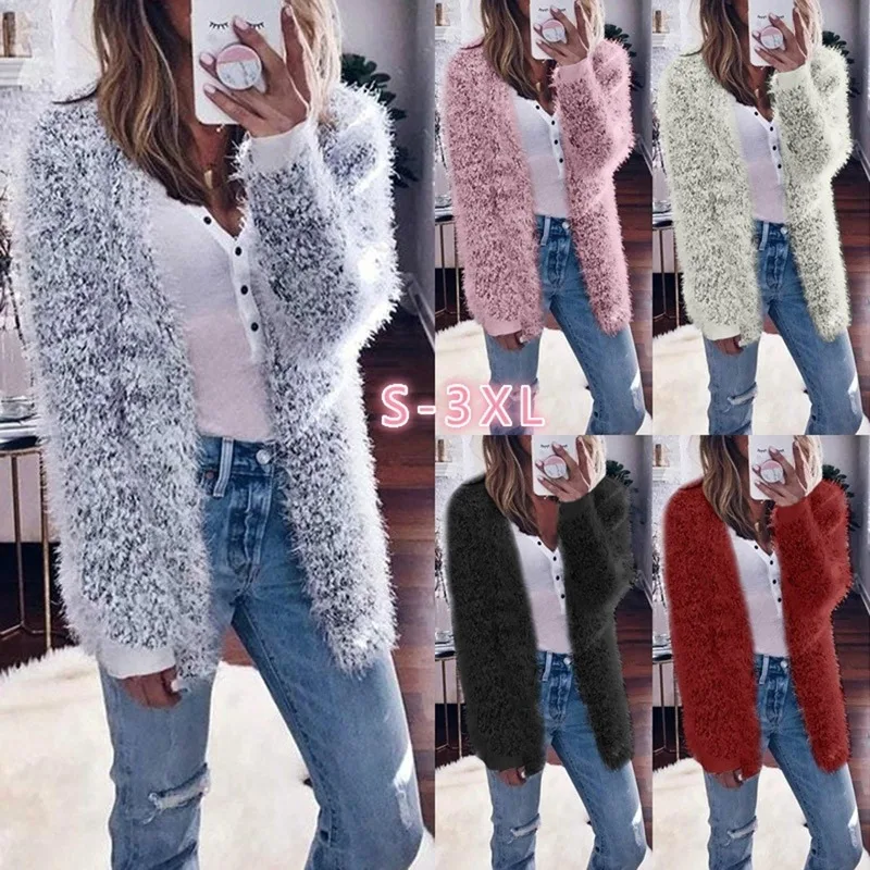 Женский Пушистый кардиган из лохматого искусственного меха однотонный