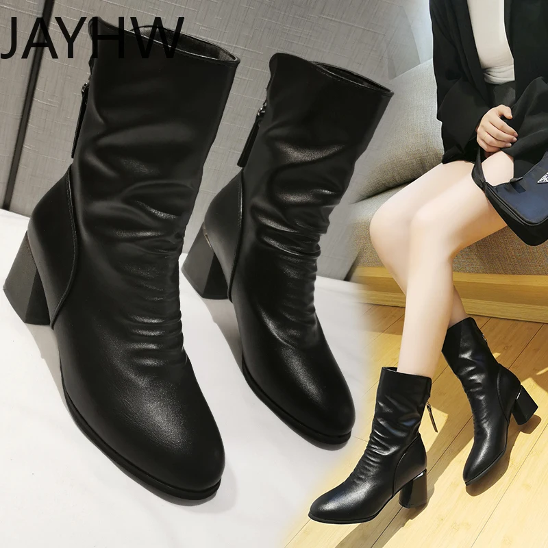 

New Women's Boots Black Gothic Leather Boots Slip-on Boots Comfortable and Fashionable Designer Shoes High Heels Buty Damskie
