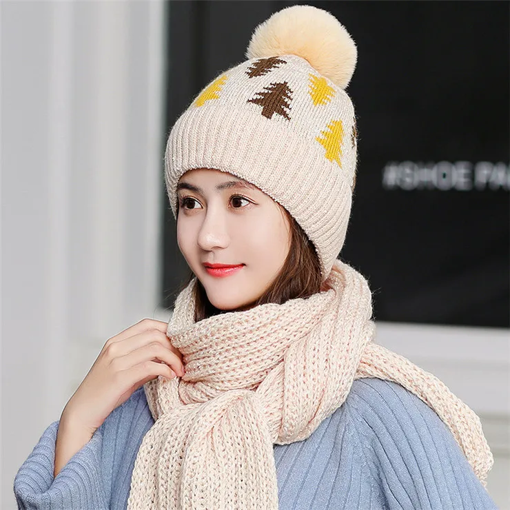 beige set Женский комплект из 2 предметов, новая зимняя шапка и шарф, комплект для девочек, бархатная Толстая теплая шапка, женская зимняя повседневная ветрозащитная вязаная шапка - Цвет: beige set