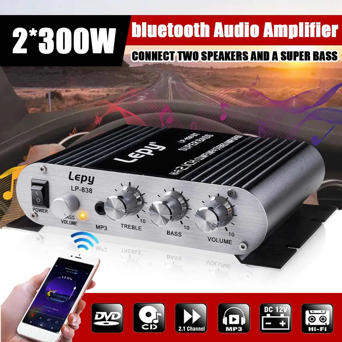 

Upgrade 2.1CH 2x300W bluetooth Digital Car Power Amplifier Subwoofer Hi-Fi MP3 Stereo Booster Car Home BASS Audio Player Class D