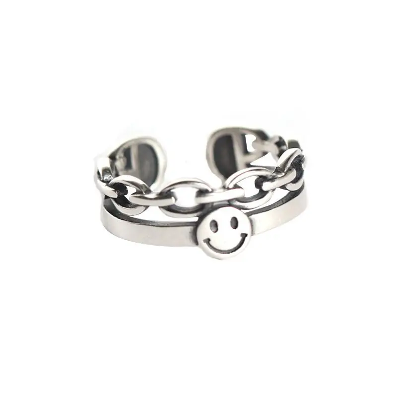 

Simple Retro Couple Ring Distressed Happy Smiley Chain Opening Single Ring Men's and Women's Open Adjustable Ring