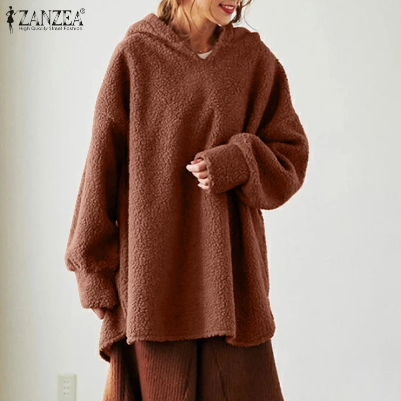 

ZANZEA 2021 Women Hooded Hoodies Casual Long Sleeve Pullovers Female Split Tops Traksuits Elegant Fluffy Sweatshirts Oversized
