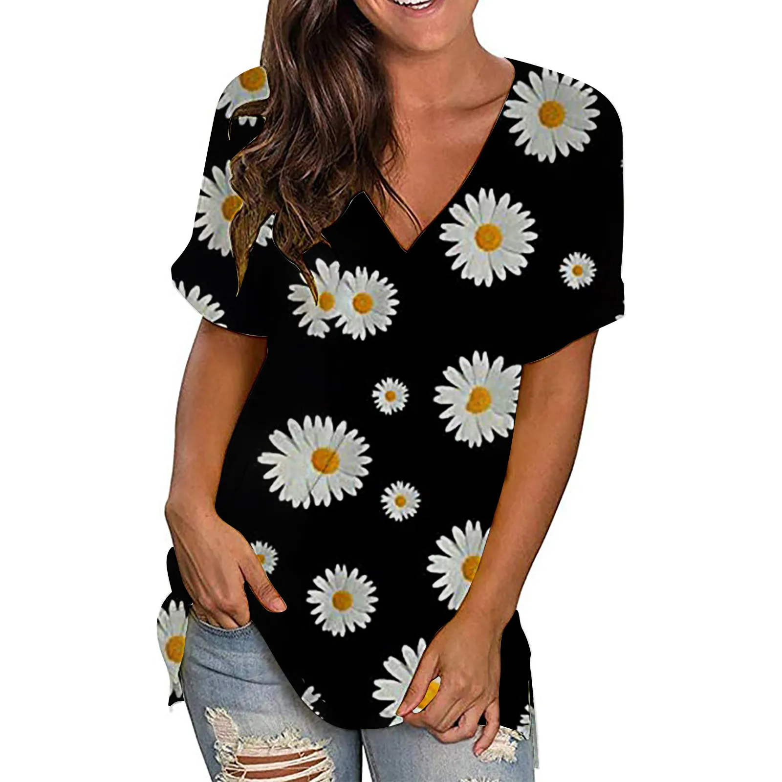 

40# Summer Floral Printed Women's Blouse 2021 Short Sleeve Blouses For Women V Neck Pullover Tunic Tops Blouse