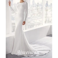 mermaid trumpet wedding dresses jewel neck court train stretch satin long sleeve country simple with 2021