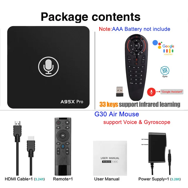 2GB 16GB G30.Gyro A95X Pro Google tv Box Smart Android 7,1 tv Box 2 Гб 16 Гб голосовой пульт дистанционного управления Amlogic S905W Google плеер магазин Netflix Youtube - Цвет: 2GB 16GB G30.Gyro
