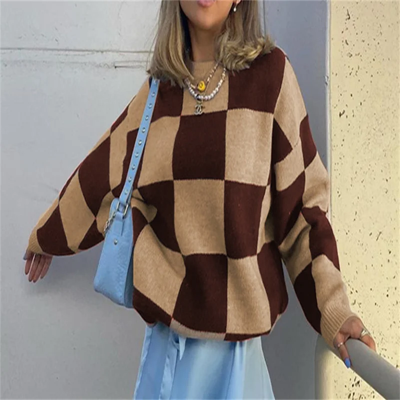 

Gaono Knitted Sweater Pullovers Womens' Round Collor Ribbed Argyle Plaid Print Sweaters Female Fashion Knitwear New 2021 Winter