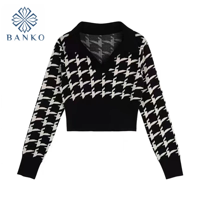 

2021 Fashion Houndstooth Women's Cropped Pullover Sweaters V Neck French Vintage Female Long Sleeve Sweater Jumpers Knitwear Top