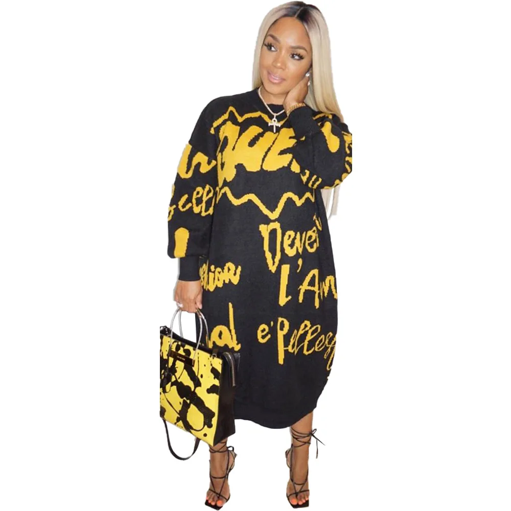 

Sexy Women's Printed Long-sleeved Dress Women Autumn Letter Print Sexy Female Party Maxi Vestidos African Clothing Mujer Ropa