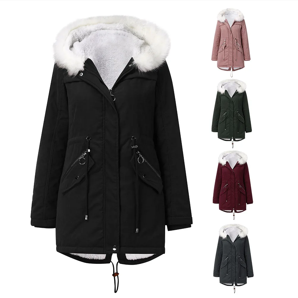 

Women's cotton padded coat white collar Fleece Jacket Medium Length Hooded Winter Warm Plush coat women's cotton padded clothes