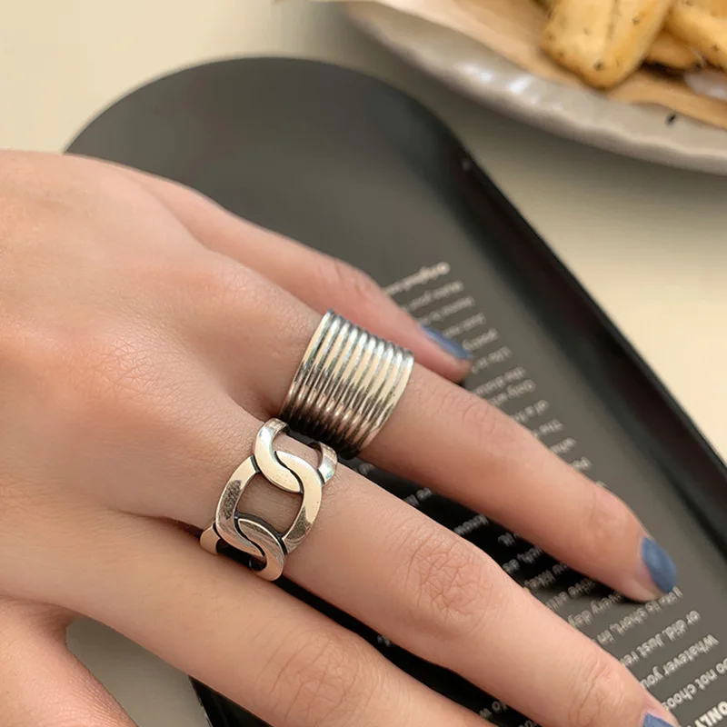 

Silver Plated Thick Chain Ring Personality Female Retro Index Finger Opening Ring Punk Style Handmade Jewelry Gift