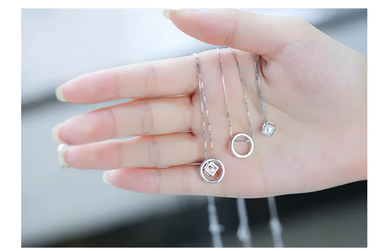 POFUNUO 925 Sterling Silver Cube Zircon Pendant Neckace 3 in 1 Women Stylish Birthday Gift Box Chain choker collares Necklaces | Украшения