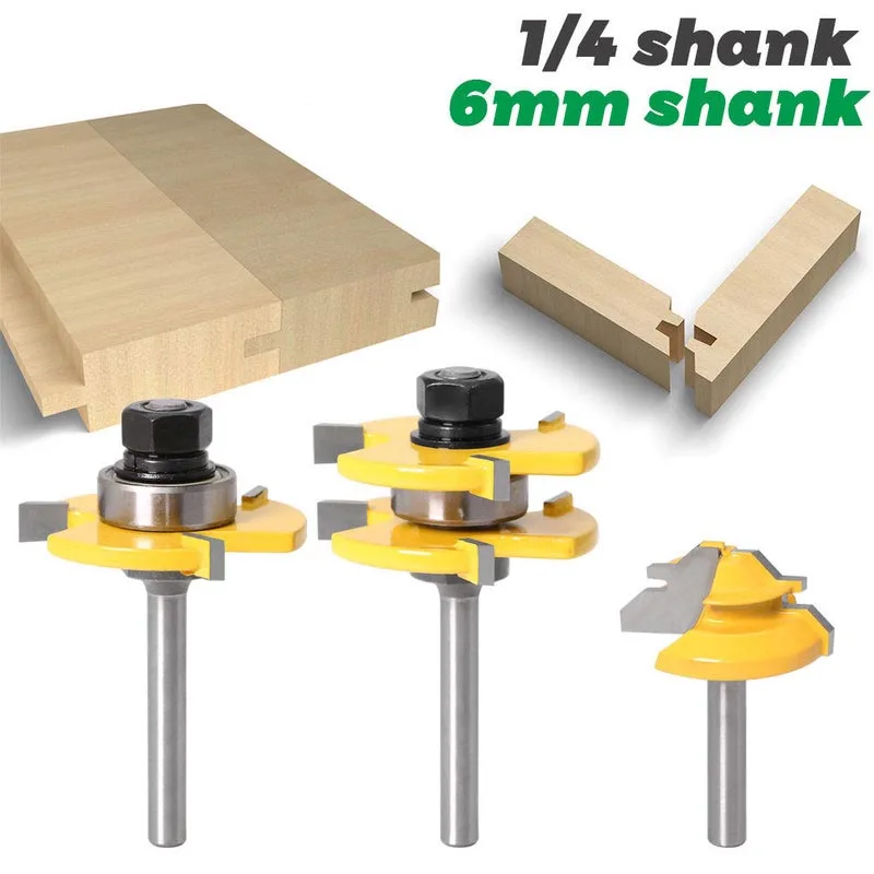 

3Pcs Woodwork Milling Cutter Set Carving Machine 45 ° Tenon Knife + T-Slot Floor Straight Knife 1/4 6mm Shank Woodworking Tools