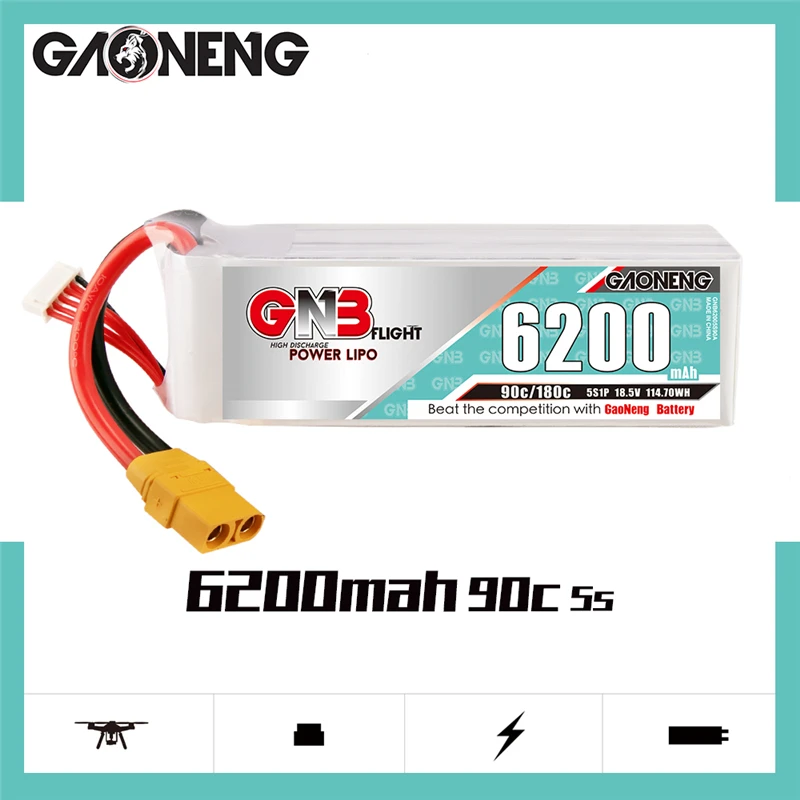 GAONENG-bater&iacute;a LiPo para Dron de carreras, accesorio de repuesto para cuadric&oacute;ptero teledirigido, GNB 18,5 V, 6200mAh, 90C, 5S, FPV, T/XT60/XT90/EC5/TRX-2