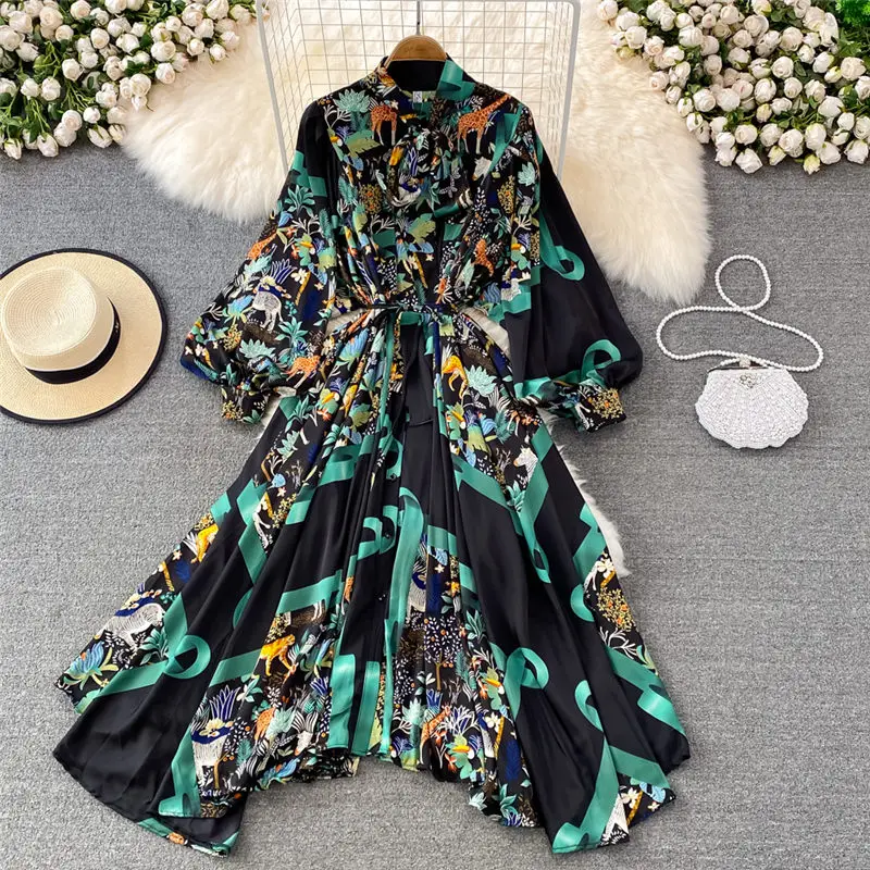 

Женское атласное платье-рубашка с пышными рукавами, свободное однобортное Асимметричное Платье-туника большого размера с принтом, модель ...