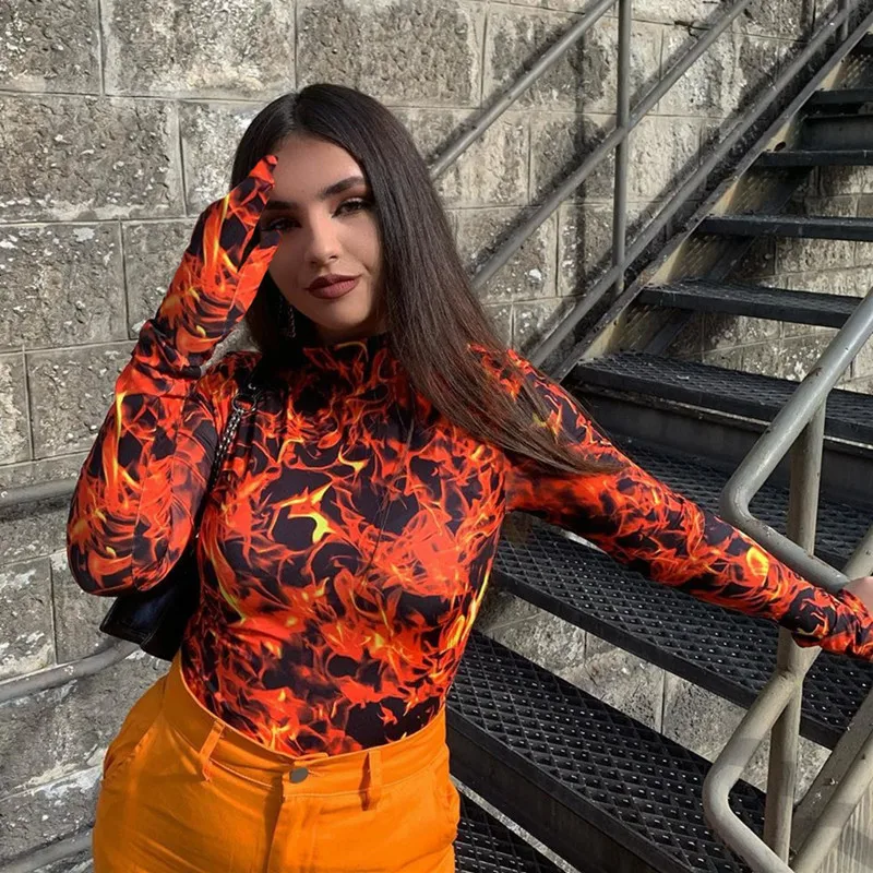 Женское боди с длинным рукавом и принтом пламени пятью пальцами комбинезон