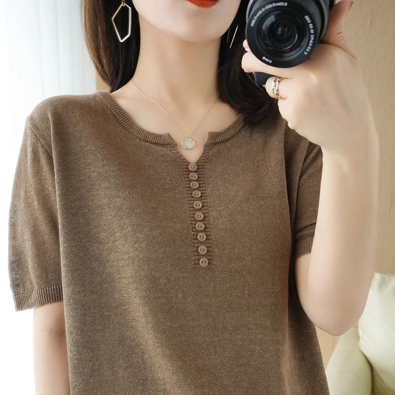 

2021 Summer New 100%Cotton Knit Sweater Large Size Short-Sleeved V-Neck Loose T-Shirt Simple Korean Women' Thin All-Match Blouse