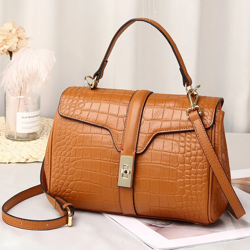 

Trendy New Leather Handbags 2021 Exquisite Luxury Crocodile Leather Boston Top Layer Cowhide Crossbody Shoulder Bag