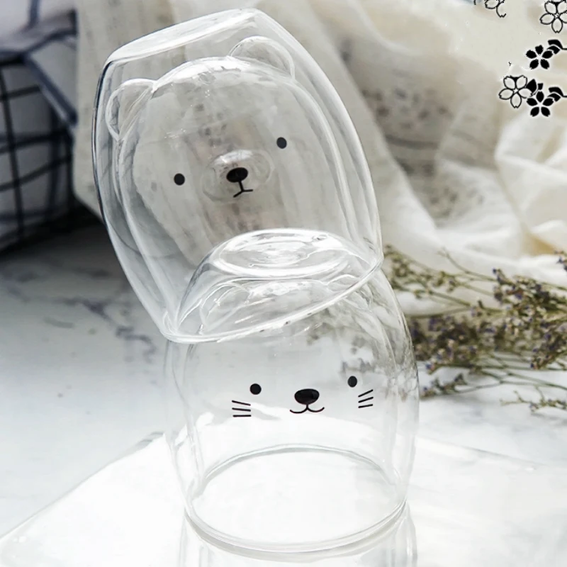 

Double-Layer Coffee Cup Glass And Mug Cute Animal Tumbler Handmade Mug Line Child Girl Cat