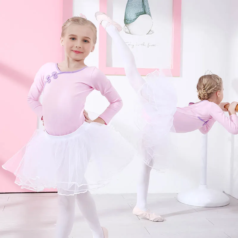 

Girls Ballet Costume Dance Suit Top TUTU Skirt On stage Dancewear Kids Chinese Retro Buckle Long Sleeve Cotton practice clothes