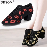 womens lip printed soft split soles sneaker salsa latin dance shoes oxford cloth 5cm middle heel ballroom shoes teaching shoes