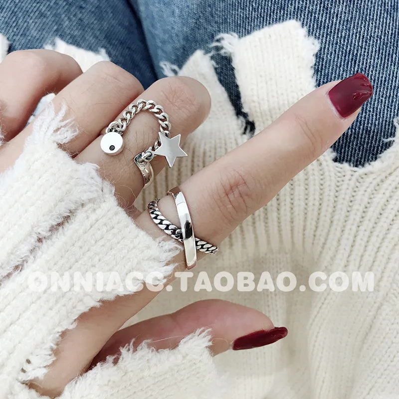 

Vintage 925 Sterling Silver Cross Star Charm Korean Ring For Women Girls Party Personality Jewelry Accessories jz517