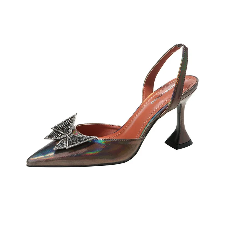 

Laser Ultra-slim Leather Womens Shoes Fashion Water Drill Hollow Shoes Butterfly Buckle Slippers Wine Glass Heel Pointed Sandals