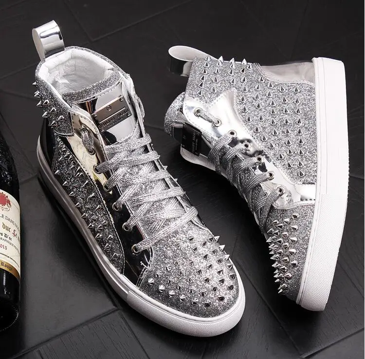 

Luxury designer shiny rivet men shoes fashion sneakers spikes high tops punk men Casual shoes rivet boots